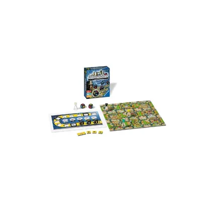 A board game with its box and components laid out on a white background.