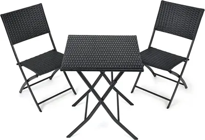 Zdjęcie produktu dla Zestaw mebli ogrodowych – składany stół i 2 krzesła – 3-elementowy – dla 2 osób – rattan – metalowa konstrukcja – 60 x 60 x 72 cm – czarny