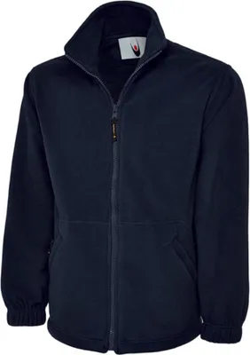 A navy blue fleece jacket with a zipper and collar, shown against a white background.