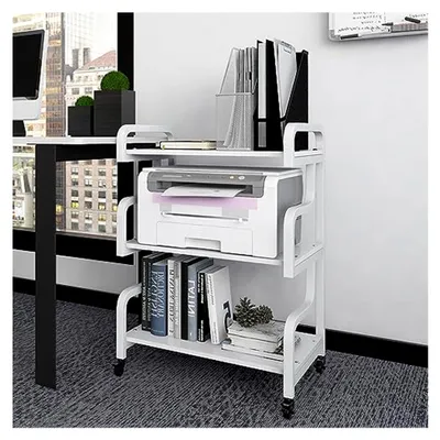 Produktbild von Druckerständer mit 3 Ebenen, mobiler Druckertisch in Weiß | Druckerregal mit Universalrollen aus Holz und Metall für Büro und Zuhause