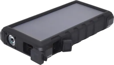 A black solar power bank with a solar panel on top.