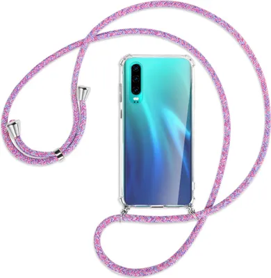 Produktbild von Handykette Backcover-Schutzhülle mit Band (Metall silberfarben) für Huawei P30 - lila/rosa/blau
