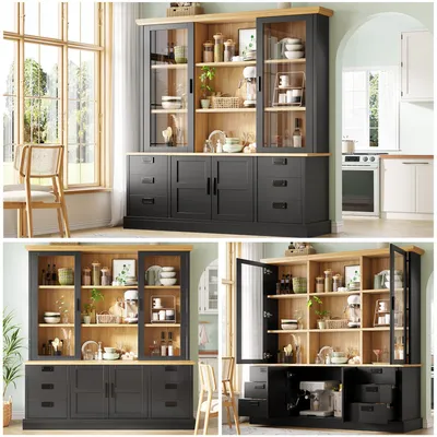 Image de Armoire haute de cuisine avec 6 grands tiroirs, portes vitrées, dispositif anti-basculement et glissières métalliques, 140 x 185 cm, meuble de rangement pour cuisine et salle à manger