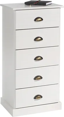 Produktbild von Kommode PARIS aus Kiefer massiv in weiß, schöne Schubladenkommode mit 5 Schubladen, praktische Mehrzweckkommode mit Muschelgriffe