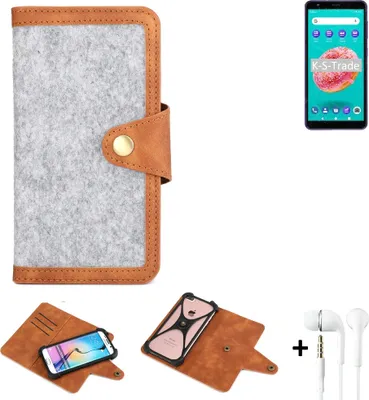 Produktbild von K-S-Trade Handyhülle + Kopfhörer kompatibel mit ZTE Blade A3Y Schutzhülle Filz Hülle Kunstleder hellgrau braun (1x)