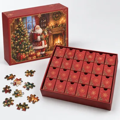 Produktbild von Adventskalender Puzzle mit 24 nummerierten Fächern, täglich 42 Puzzleteilen und 1:1 Poster für gemeinsame Weihnachtsabende