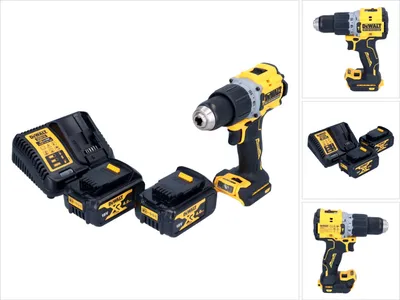 A collage of images showing a DeWalt cordless drill, batteries, and a charger from different angles.