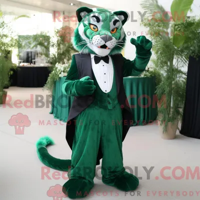 Produktbild von Maskottchenfigur REDBROKOLY eines waldgrünen Tigers mit Ballkleid und Einstecktüchern