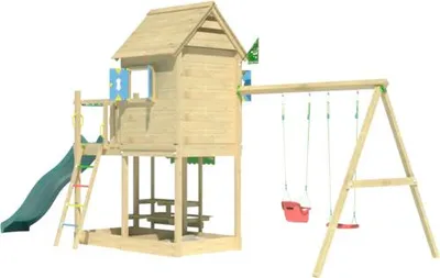 Produktbild von Doppelschaukel Spielhaus mit Stelzen Jungle Gym 678 x 265 cm Holz dunkelgrün