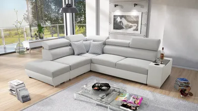Produktbild von Ecksofa mit Schlaffunktion Eckcouch PERS VII Sofa Links Grau Stoff LUXO 6601 + weißes Kunstleder