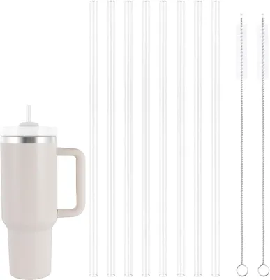Zdjęcie produktu dla Wielorazowe, przezroczyste słomki – zestaw 8 sztuk – twarde plastikowe słomki z szczoteczką do czyszczenia