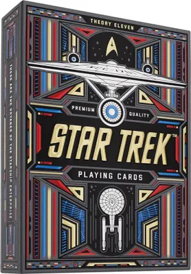 A close-up, angled view of a Star Trek themed playing card deck box.
