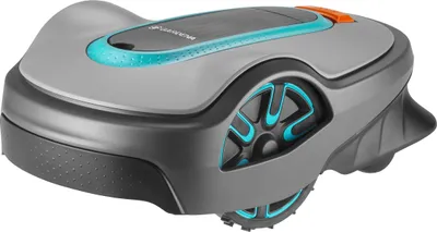 A robotic lawnmower is shown from a slightly elevated side angle against a white background.