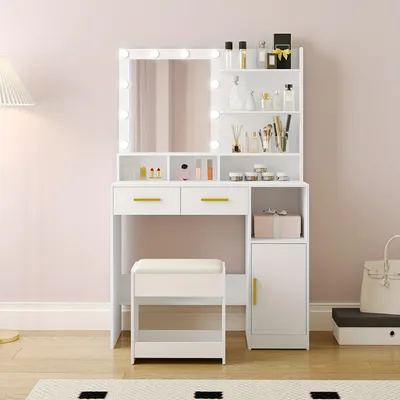 Image de Table de maquillage avec tabouret et miroir - Blanche - 10 lampes LED avec intensité réglable et meuble de rangement