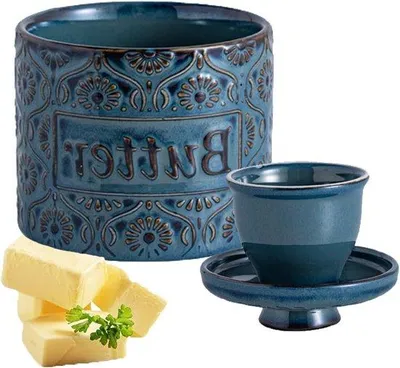 Produktbild von Butterdisplay - Buttertopf Keramik - Frische Butter Aufbewahren - Wasserabdichtungstechnologie - 11 cm - Blau