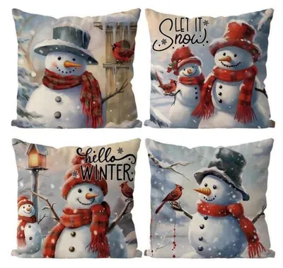 Immagine prodotto di Cuscini decorativi, set di 4, 45x45 cm, motivo pupazzo di neve, decorazioni invernali, in poliestere