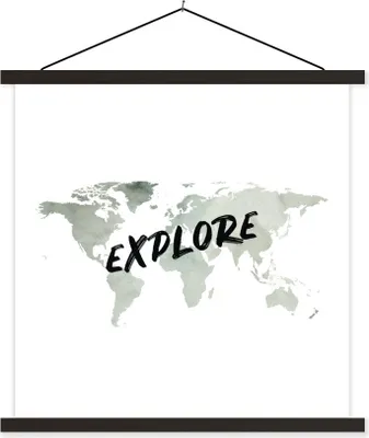 Produktbild von MuchoWow® Textilposter Weltkarte - Zitat - Aquarell 60x60 cm mit schwarzem Rahmen - Posteraufhänger