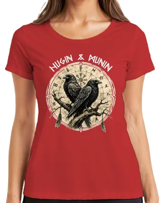 Obrázek produktu pro Tričko s motivem Vikingů, Raben Odina, Huginn, Muninn, Vegvisir, severská mytologie, dámské, červené, velikost M