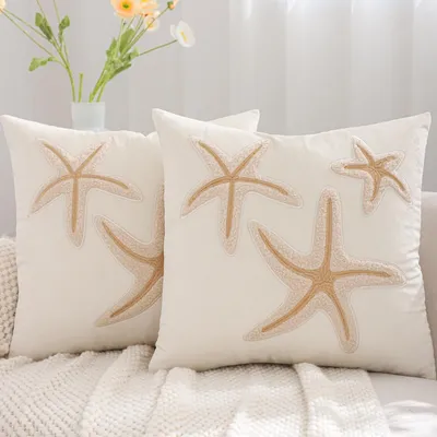 2 Kissenbezüge 45x45 cm, beige, Zeester-Motiv, Samt, Zierkissen