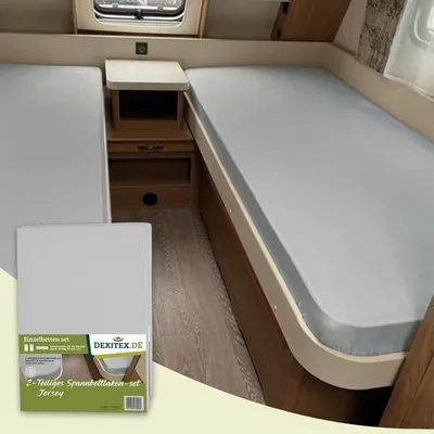 Produktbild von Dexitex Spannbettlaken 2er Set – Einzelbetten & Längsbett Wohnwagen/Fendt – Spannbettlaken Wohnmobil & Caravan – 100% Jersey-Baumwolle – Hellgrau