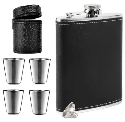 Productafbeelding van RVS flesje - inhoud 8 oz - inclusief trechter en 4 kleine bekertjes - zwart