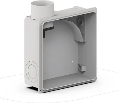 A 3D render of a gray ventilation housing unit with a cylindrical outlet on top and circular knockouts on the side.