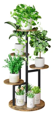 Image de Étagère à plantes, 5 niveaux, en métal et MDF, noire, style rustique, couleur marron