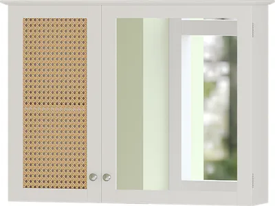 A white bathroom cabinet with a cane-patterned door and mirrored doors.