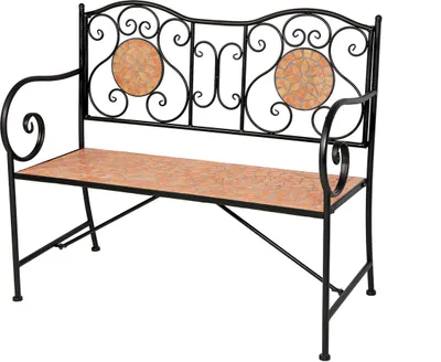 A black metal garden bench with a tiled seat and decorative backrest.