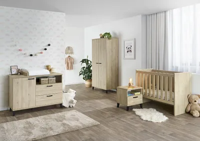Produktbild von Baby- oder Kinderzimmer DANAÉ, Bett 60x120 erweiterbar auf 90x200, Kleiderschrank, Wickelkommode und Nachttisch