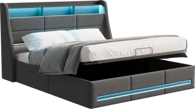 Imagen del producto de Cama Moonbite con espacio de almacenamiento, tamaño 160x200 cm, tapizada en lino gris, con luces LED multicolores, puertos USB y USB-C, y somier