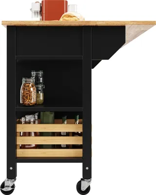 Obrázek produktu pro okwish Kuchyňský ostrov (120×45×90 cm), kuchyňská skříň, jídelní skříň, úložná skříň, komoda, jídelní vozík s dřevěnou texturou, multifunkční jídelní stůl s úložným košem z borovice, Černá + Přírodní