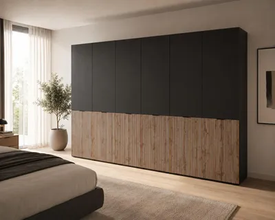 Produktbild von MOEBLO Drehtürenschrank Minewra Nova 300 cm, Falttürenschrank 6-türig, Schrank mit Einlegeböden und Kleiderstange, Schlafzimmer - Schwarz + Sento