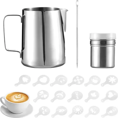 Obrázek produktu pro 19dílná sada pro umělecké zpracování kávy, 12 oz/350 ml, napěňovač mléka z nerezové oceli se stupnicí, šejkr na prášek, umělecké pero a 16 šablon na zdobení kávy