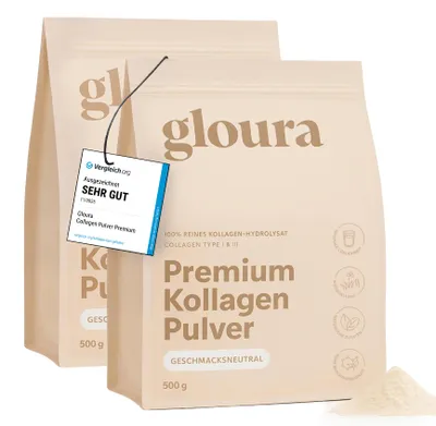 Produktbild von 2x Gloura® Premium Kollagen Pulver – 100 % reines Collagen Typ 1 & 3, geschmacksneutral, hochlöslich, ohne Zusätze – für schöne Haut & schönes Haar