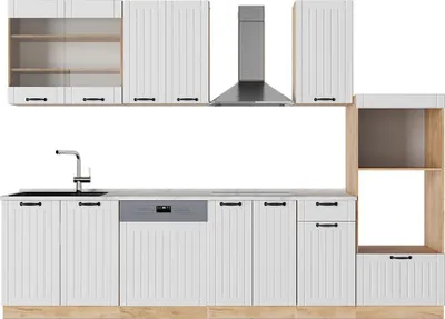 Immagine prodotto di Cucina componibile Vicco Fame-Line Bianco rustico 300 cm con armadio alto, senza piano di lavoro, Model 57171