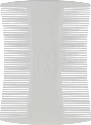 A white lice comb with fine teeth on both sides and a central handle with a logo.