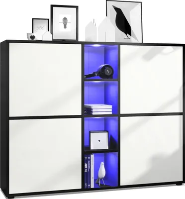 Produktbild von Vladon Highboard Cuba V3,  Germany, Schwarz matt/Weiß matt inkl. LED - Moderne Anrichte mit 12 Fächern (130,5 x 105,5 x 35,5 cm)