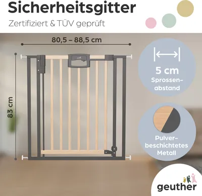 Produktbild von GEUTHER® Türschutzgitter Baby Easylock Ohne Bohren | Kinderschutzgitter zum Klemmen | Absperrgitter in Holz / Schwarz | Breite: 80,5-88,5 cm