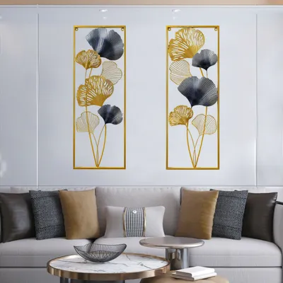 Zdjęcie produktu dla 2 sztuki Kreatywne wiszące liście miłorzębu Ręcznie wykonana metalowa długa rama 85 × 31 × 5 cm Dekoracje ścienne Tapeta ścienna (złota) do jadalni Pokój dzienny Sypialnia Biuro