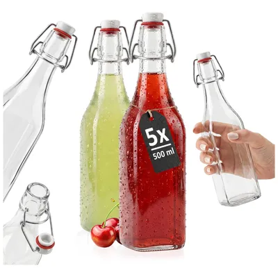 Zdjęcie produktu dla Zestaw 5 sztuk - butelka KWADRAT 500 ml na nalewki sok + korek + GRATIS, Obraz wygenerowany przez AI
