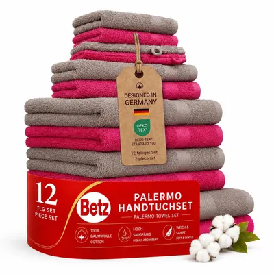 Produktbild von Betz 12-TLG. Handtuch-Set Palermo 100% Baumwolle 2 Liegetücher 4 Handtücher 2 Gästetücher 2 Seiftücher 2 Waschhandschuhe Farbe Cranberry und Stone