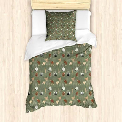Image de Ensemble housse de couette ABAKUHAUS forest Friends, motif enfantin avec singe, panda, ours et feuilles, 135 x 200 cm + 80 x 80 cm, vert réséda multicolore
