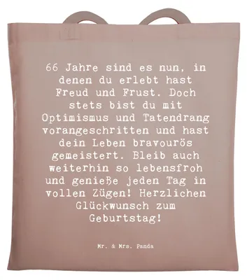 Produktbild von Mr. & Mrs. Panda Tote Bag Spruch 66. Geburtstag - Braun Pastell - Geschenk, Geburtstagsgeschenk, Geschenke, feiern, Tasche, Jutebeutel, Laptoptasche, besondere Anlass
