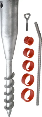 A set of ground screws and accessories, including a large screw with a conical top, a threaded rod, and several red rings.
