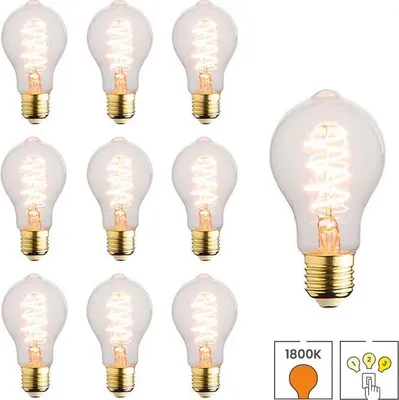 Produktbild von 10er-Set LED-Lampen E27 | 3-stufig dimmbar | 5,5 Watt | 1800K extra warmweiß | A60 | Hell | Spiralförmige Glühwendel | Lybardo