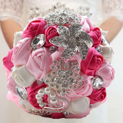 Künstlicher Brautstrauß, Satin, Diamant, Perlen, 19 cm, Kristallrose