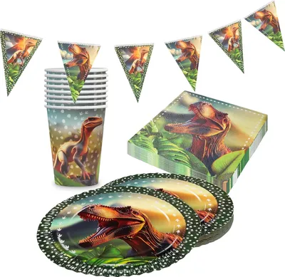 Produktbild von Dino Realistisch Partyset – 4-teilig mit Tellern, Bechern, Servietten & Wimpelkette