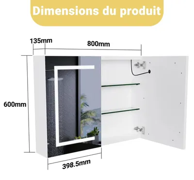 Produktbild von Badezimmerspiegel Schrank - LED Spiegelschrank 80×13,5×60 cm - Doppeltür - 3 Farbtemperaturen - Dimmbares Licht - Wandmontage - Weiß