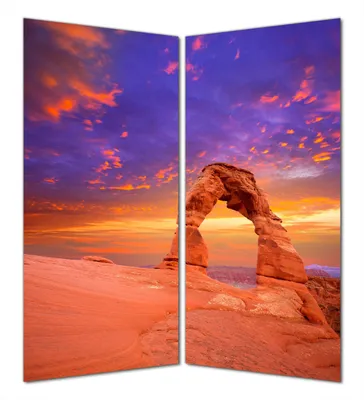 Produktbild von Wallario selbstklebende Duschrückwand 180 x 200 cm mit Motiv Steinbogen vor einem farbenfrohen Himmel in lila-rot - Wandverkleidung mit Hochglanzlaminat in Glasoptik